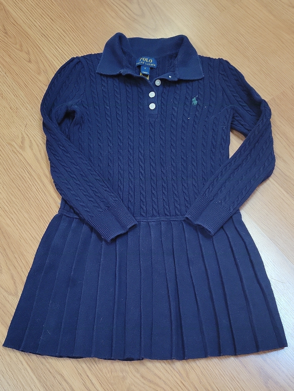 Girls Polo by Ralph Lauren Navy Cable-Knit Polo Dress with Pleated Skirt